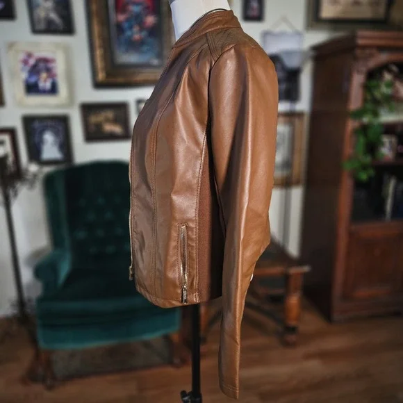 Kenneth Cole New York Cognac Faux Leather Moto Jacket Brown Small Quilted Zip - Picture 5 of 8